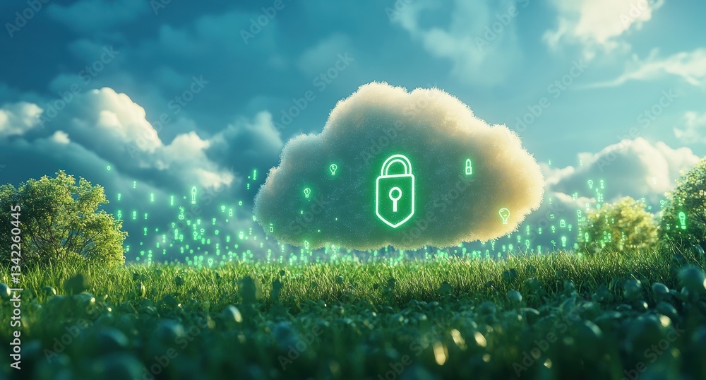 Poster Cloud computing security: padlock and shield protecting data in a green landscape