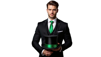 Studio portrait of a man in a black suit and green tie, holding a black top hat, posed against a transparent background with dramatic lighting highlighting his formal attire.