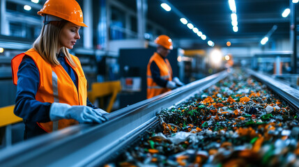 Obraz premium Organic waste on a conveyor belt, being separated by specialized machines in a bright, spacious recycling center, with workers overseeing the process.