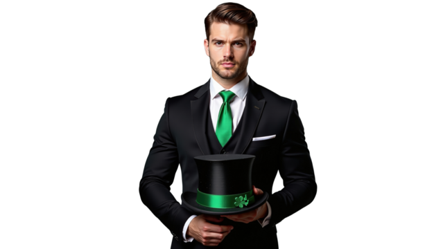 Studio portrait of a man in a black suit and green tie, holding a black top hat, posed against a transparent background with dramatic lighting highlighting his formal attire.