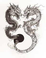 Yin Yang Harmony: Dragon and Tiger Symbolizing Balance in Feng Shui Tattoo Design