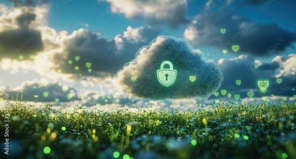 Fototapete cloud computing security: padlock protecting data in a green field