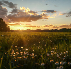 A Golden Sunset Casting Warm Light Over a Meadow Filled with Blooming Flowers