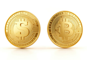 Golden Cryptocurrency Coins Bitcoin and Dollar Comparison on White Background