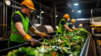 Detailed view of organic materials on a conveyor belt, including garden waste and food remnants, with workers adjusting the sorting mechanisms in the facility.