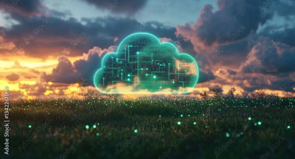 Poster cloud computing, data storage, and network sharing at sunset: a futuristic concept of digital techno