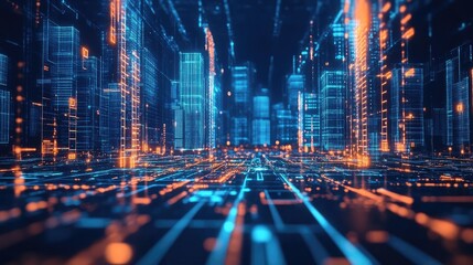 Futuristic Digital Cityscape With Glowing Neon Lights And Abstract LinesAnd Shapes. The Cityscape Includes Modern Structures With Geometric Patterns. It Illustrates Energy, Innovation, And Progress