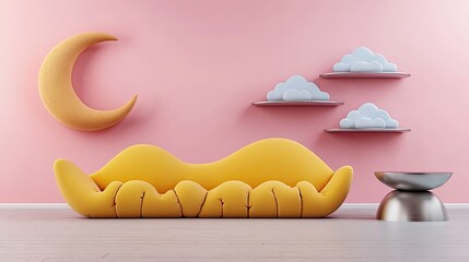 A minimalist living room with a sofa shaped like oversized waves in bright yellow