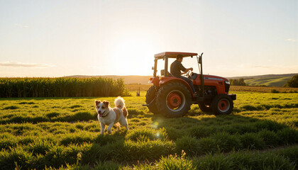 Farmer driving tractor with dog running on green field