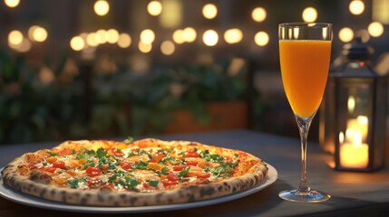 Savory Pizza and Refreshing Juice at an Outdoor Restaurant for a Date Night Experience in the Summertime with Friends and Family. Celebratory Meal at a Rustic Restaurant. Romantic Ambiance. The Ideal