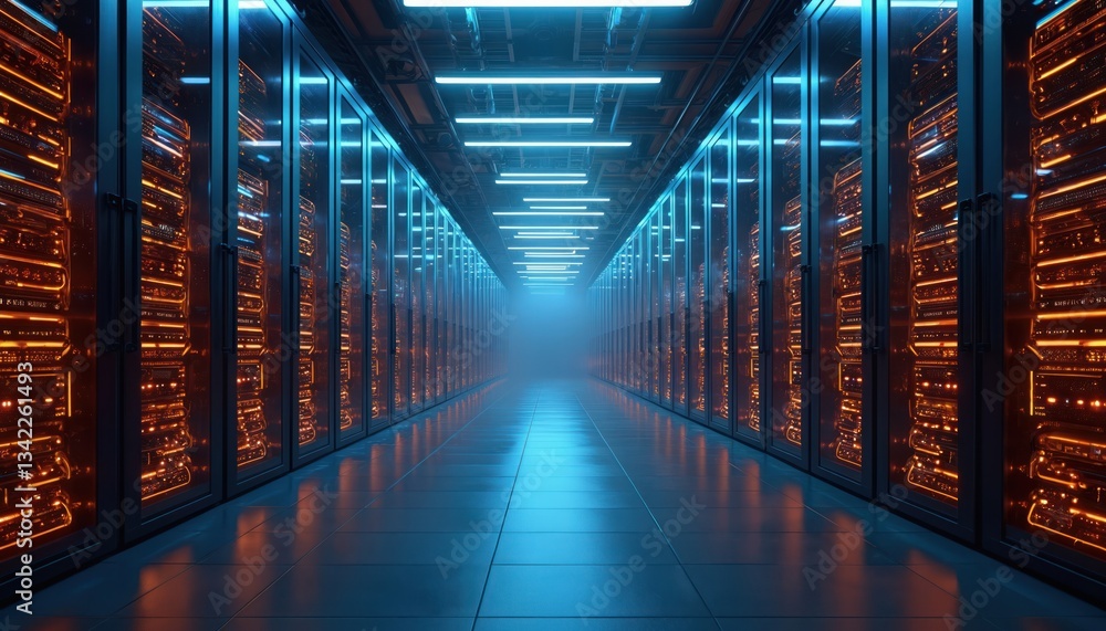 Poster Server room illuminated by neon lights. Darkened data center interior complex network infrastructure, digital data storage, automation, cyberspace connectivity, data processing, transfer.