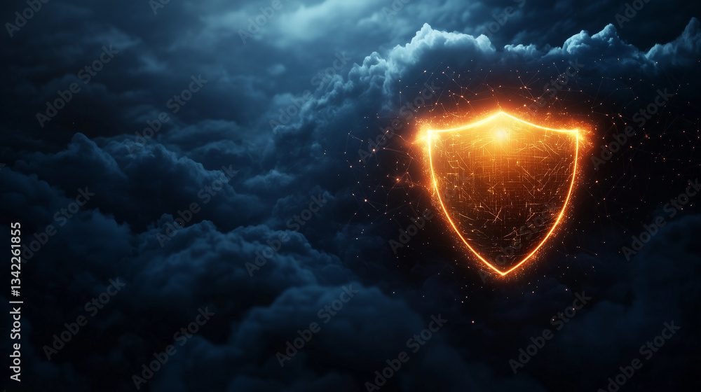 Poster a radiant, blazing shield floating against a backdrop of dark clouds and rogue digital agents, symbo
