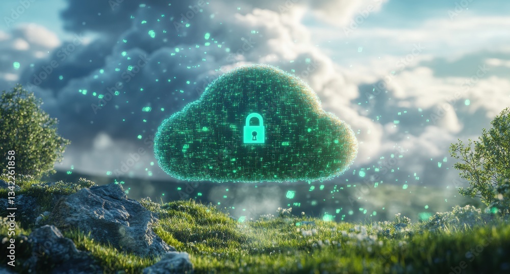 Poster Cloud computing security: glowing cloud with padlock protects data in natural landscape