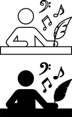 Music Composer Icons. Black and White Vector Illustrations. Man with Pen Writes Melody. Musical Notes. Music Concept