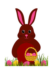 easter bunny with basket of easter eggs in grass isolated on white background