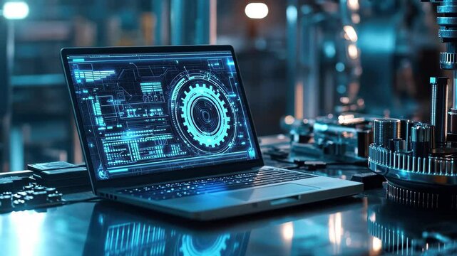Closeup of a programmable logic controller being operated with a laptop in an industrial setting, Closeup on a PLC being managed by a laptop, machinery gears active, in a futuristic blue glow