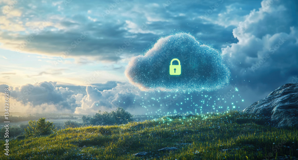 Poster Cloud computing security: padlock icon protecting data in digital landscape