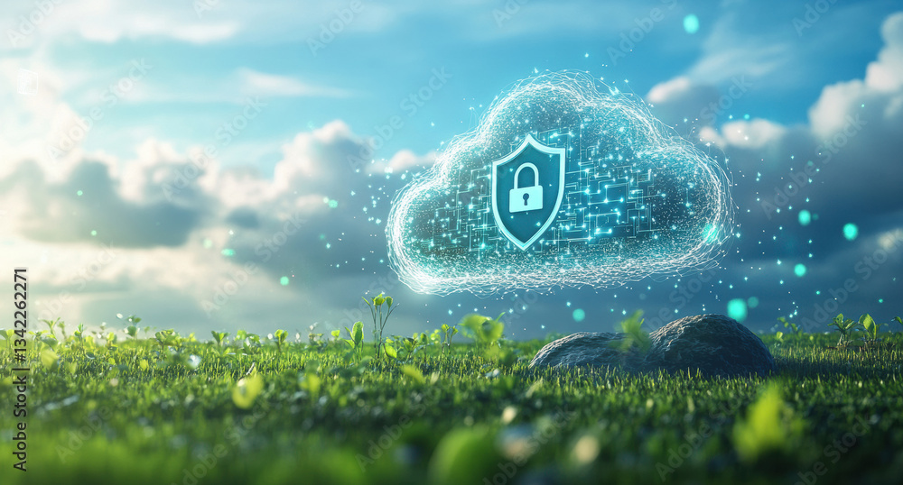 Poster Cloud computing security: shield and padlock icons protecting data in a green field