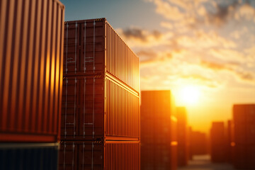 Stacked cargo containers bathed in golden sunset light evoke a sense of global commerce and international logistics within a bustling shipping port