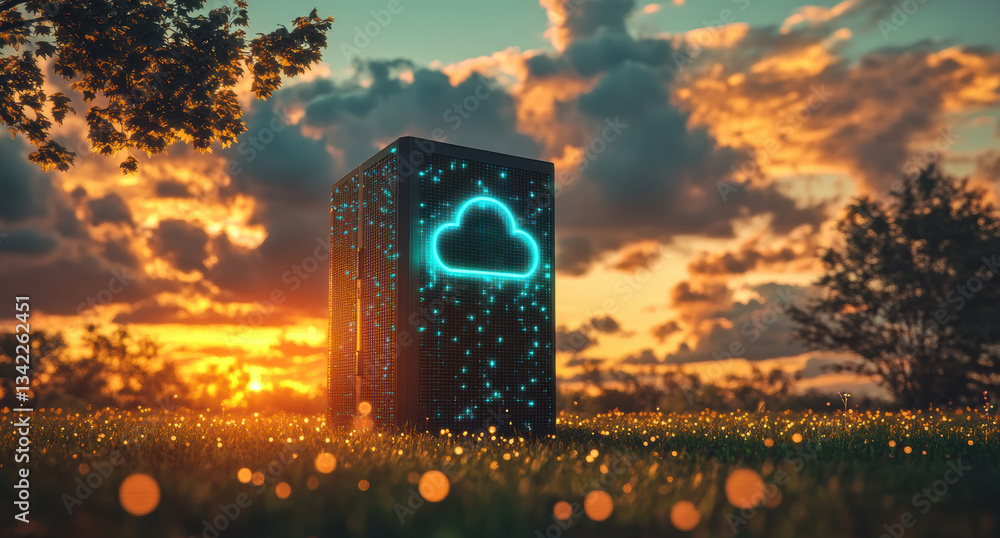 Poster Server tower with glowing cloud icon in green field at sunset: cloud computing and data security