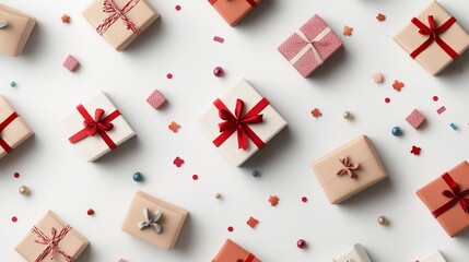 Fototapeta na wymiar Festive gift boxes & confetti on white