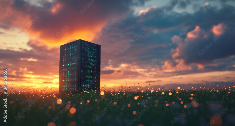 Poster server tower glowing in green under sunset clouds, symbolizing cloud computing security