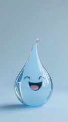 Fototapeta premium A cheerful, translucent water droplet with a joyful face against a serene blue backdrop, showcasing a minimalist, happy design.