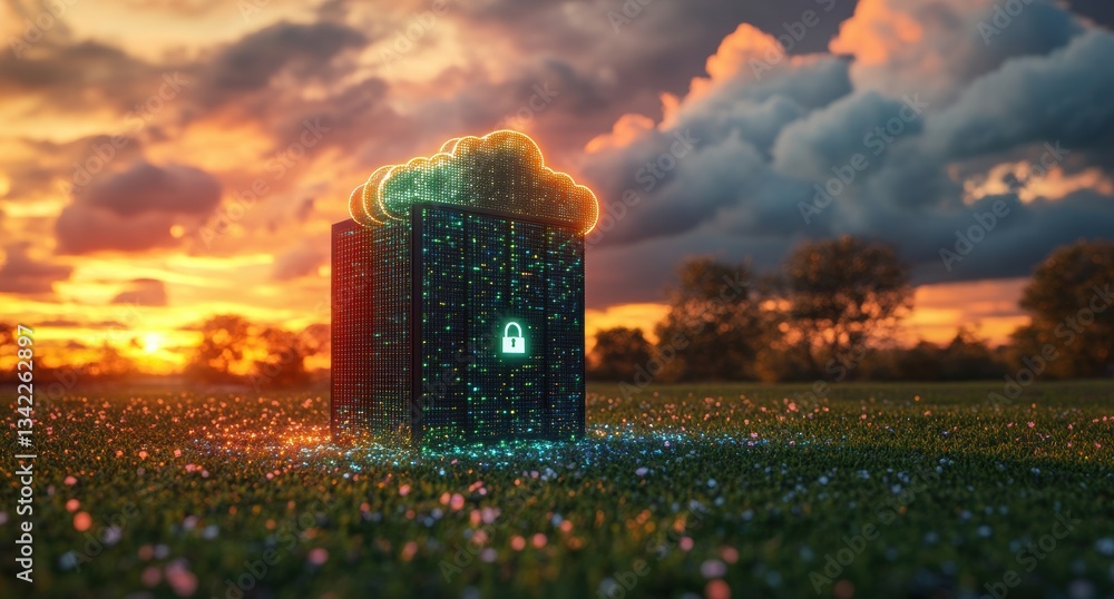 Poster server cabinet protecting data in virtual private cloud at sunset