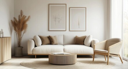 Modern Living Room Mockup with Beige Sofa, Armchair, and Minimalist Decor