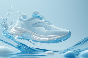 Stylish and fashionable sneakers on a refreshing, bright blue water background. Mockup