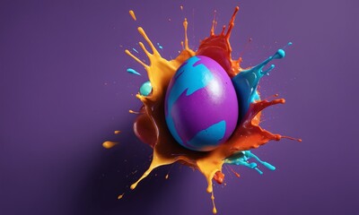 Colored egg bursting with vibrant paint splashes on a purple background during a creative art session