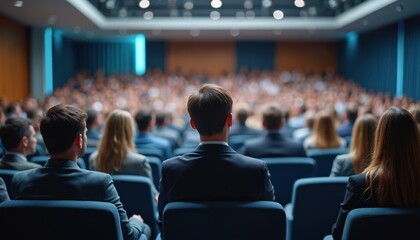 Rear view of audience in modern conference hall listening to speaker. Pro gathering, corporate event. Convention, assembly, seminar, corporate training, industry update, expert session. Knowledge