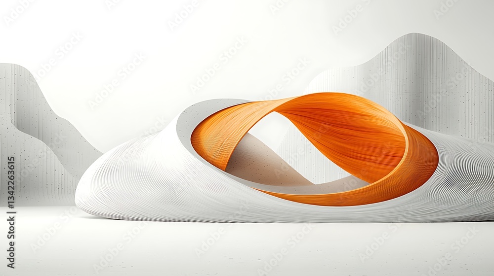 Poster abstract architectural scene with smooth, flowing forms, featuring a warm orange wooden archway nest