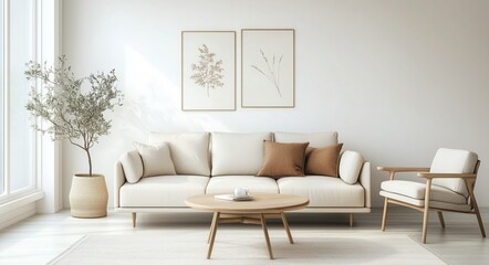 Modern Living Room Mockup with Beige Sofa, Armchair, and Minimalist Decor