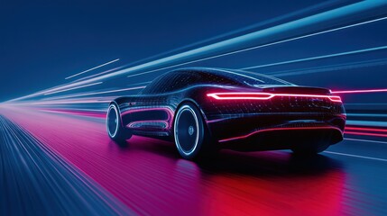 Obraz premium Futuristic Electric Car Speeding on Neon Highway