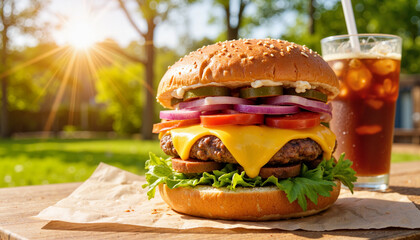 Delicious cheeseburger with colorful toppings on wooden table