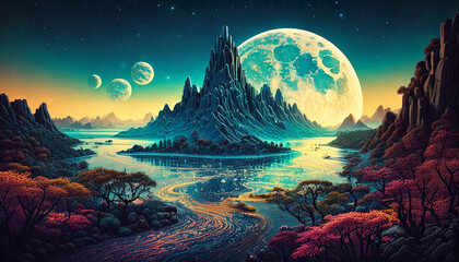 Fototapeta premium Mysterious Alien Landscape with Twin Moons and Vibrant Autumn Foliage