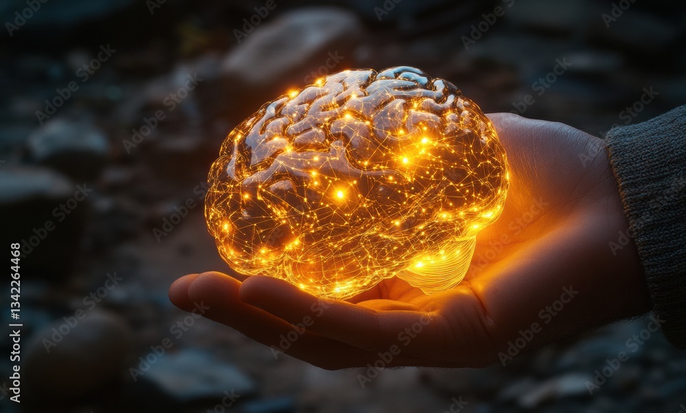 Aufkleber Hand holding glowing brain representing artificial intelligence and neural networks