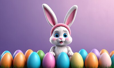 Fototapeta premium Cute bunny character with colorful easter eggs in a cheerful setting during spring celebrations