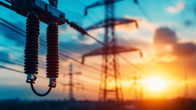Close-up of high-voltage insulators on an electric pylon, with a sunset in the background casting warm hues over the power grid infrastructure.