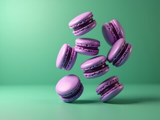 Purple Macarons Floating Against a Bright Green Background, Captured in Ultra High-Definition