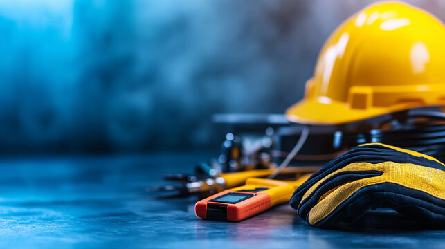 A close-up of electrical tools, including a voltage tester, insulated gloves, and a yellow helmet, arranged on a sturdy work surface, emphasizing safe practices.