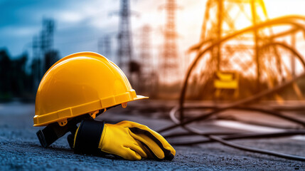 A yellow helmet and protective gloves placed on a high-voltage warning sign, with coiled electrical wires in the background, symbolizing workplace safety.