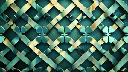 Elegant geometric pattern of interwoven shamrocks with a subtle metallic sheen. Modern Saint Patrick&rsquo;s Day design for textiles, wallpapers, and festive decor.
