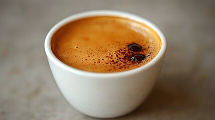 Fototapeta premium Fresh espresso with golden crema and cocoa powder in white ceramic cup on rustic surface, shallow depth of field creates soft background blur.