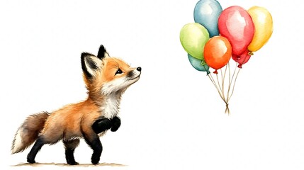 Cute Fox Looks Up at Colorful Balloons.