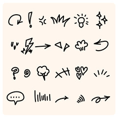 Cute doodle elements set. Hand drawn collection of stars, hearts, arrows, scribbles