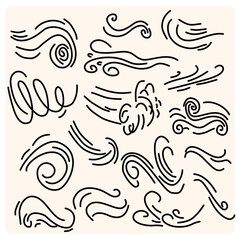Hand drawn doodle wind blow vector set With charcoal or pencil drawn illustration