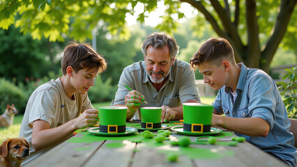 A man and his two sons sitting at a wooden picnic table in a green garden, enjoying a St. Patrick's Day celebration with leprechaun hats and festive decorations, under bright sunlight.