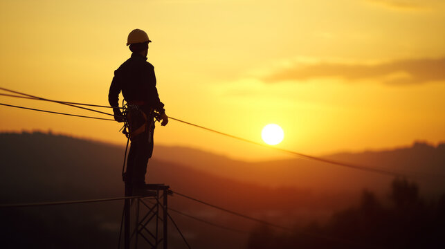 A power line technician silhouetted against the golden sunrise, carefully inspecting a high-voltage line while balancing on the steel lattice.